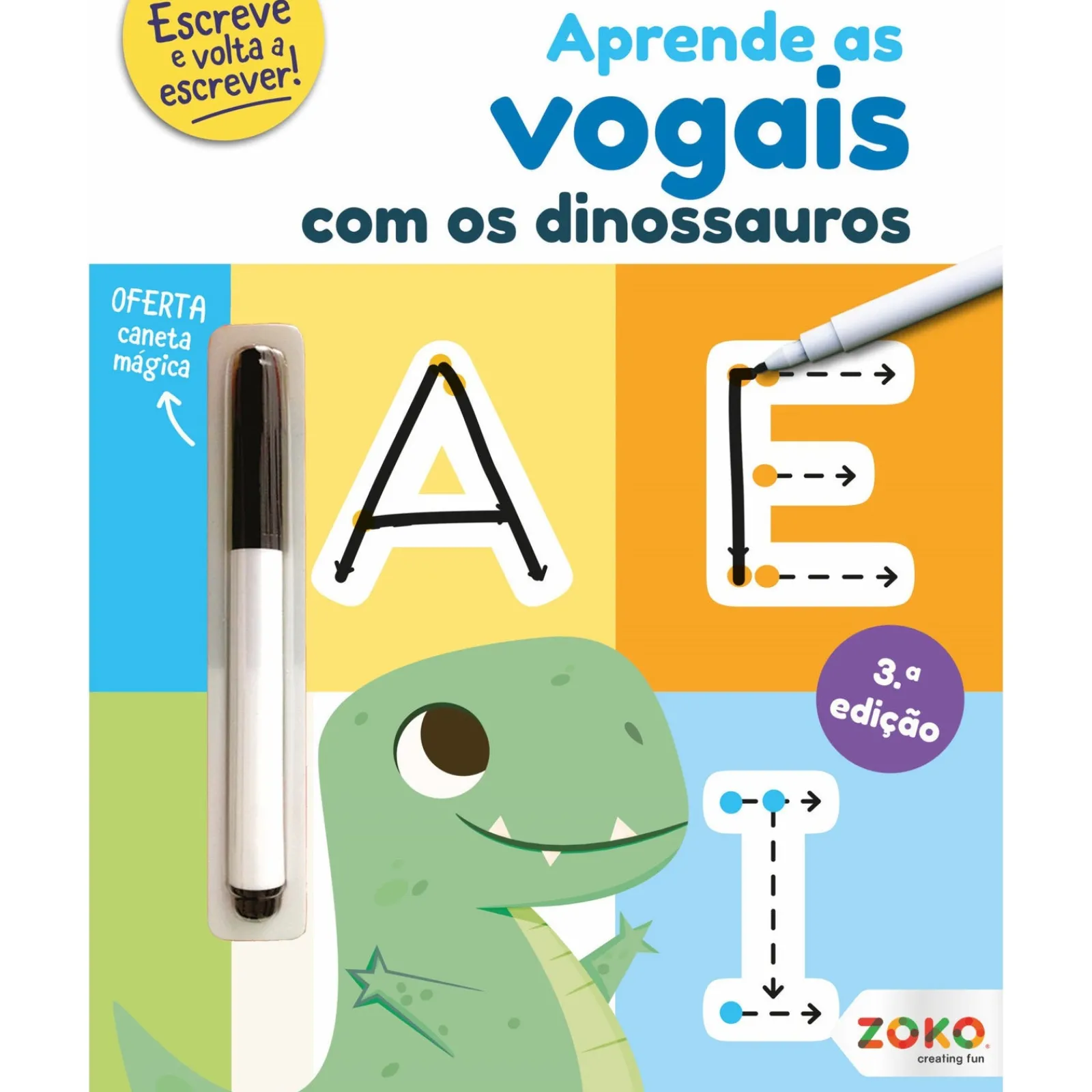 Zoko Aprende as Vogais com os Dinossauros: Livro de Atividades com Oferta de Caneta Mágica de Zero a Oito