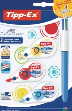 New Tipp-Ex Fita Corret Mini Pocket Mouse+Esferográfica 4Cores
