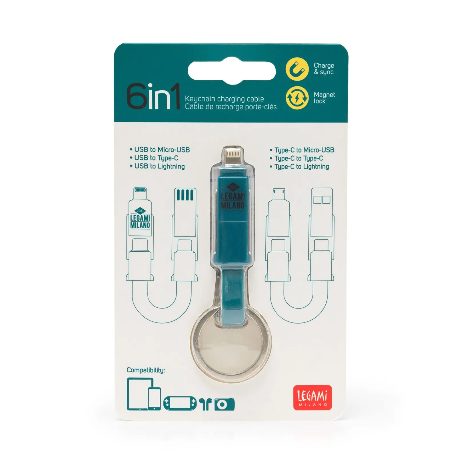 New Legami Porta-Chaves Com Cabo Carregador 6 em 1
