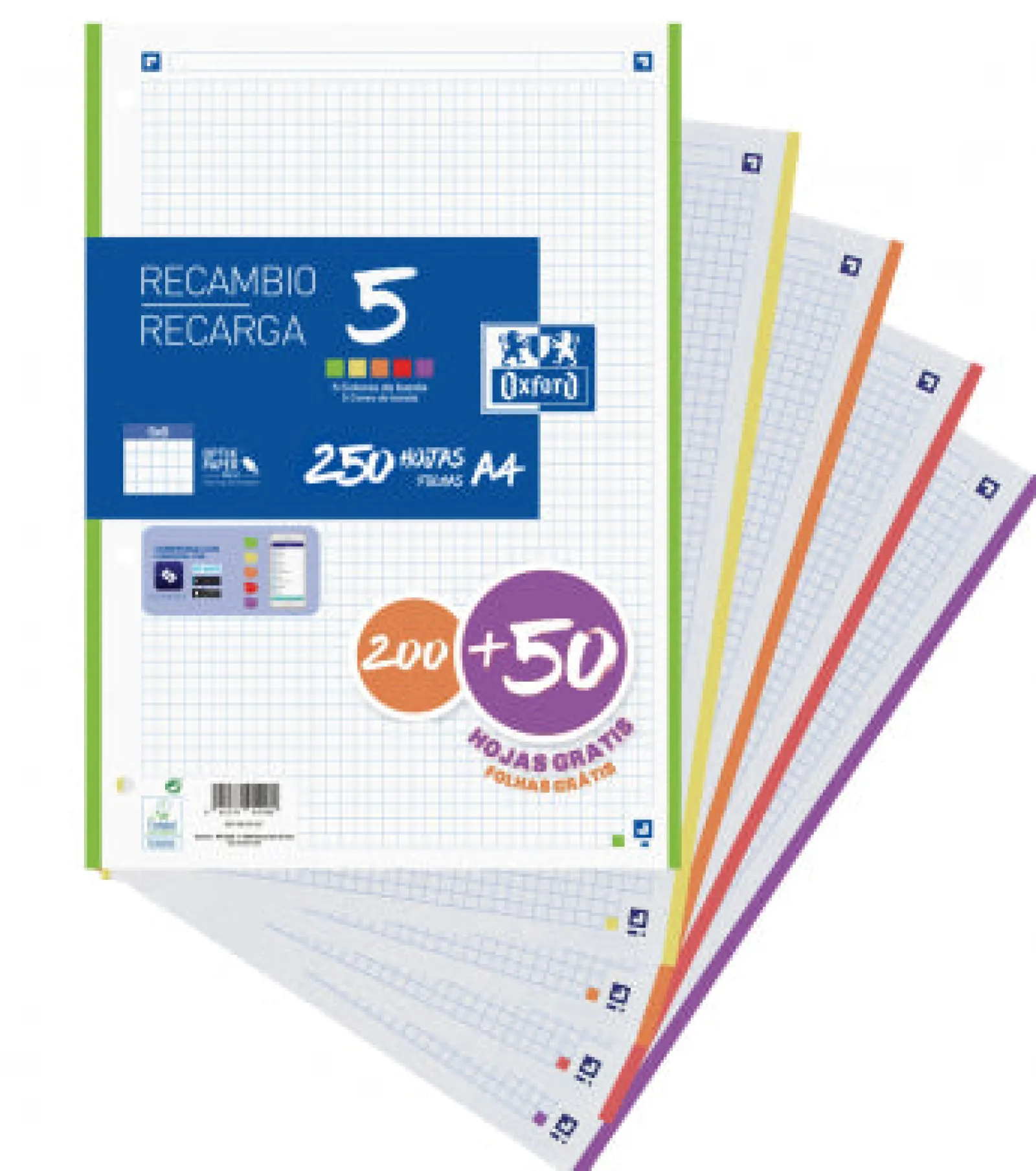 Oxford Recarga Papel A4 Quadriculado com Cor nas Margens